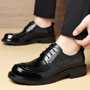 Chaussures Richelieu en Cuir Véritable pour Hommes, Bout Rond, Semelle Souple, Idéales pour Mariage, Cérémonie, Automne, Affaires, Noires, à Lacets, Style Uni - Product Image 1