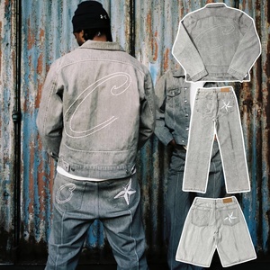 Мужской осенний повседневный джинсовый костюм ORM: дышащая хлопковая куртка и брюки, однотонный узор, уличный стиль - Product Image 2