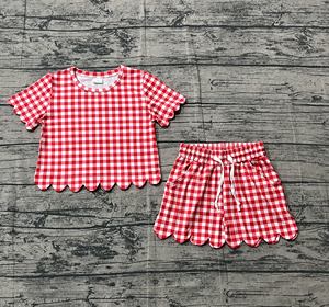 GSSO3187 Vente en gros personnalisée Petite fille Tenues d'été à carreaux rouges à manches courtes Ensemble de vêtements pour enfants - Product Image 1