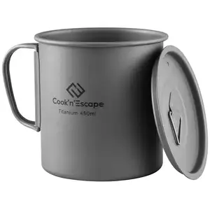 Taza de titanio de 450ML para acampar, taza de café con tapa y mango plegable, olla de acampada para Picnic, cocina al fuego abierta
