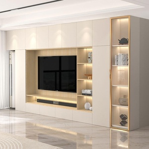 <span class=keywords><strong>Meuble</strong></span> TV mural intégré avec étagères ouvertes et tiroirs, mobilier <span class=keywords><strong>de</strong></span> rangement moderne et minimaliste pour salon - Product Image 1