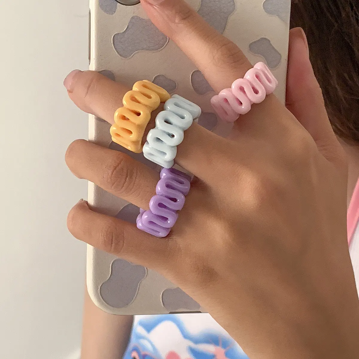 Màu Sắc Đơn Giản Rỗng Yếu Tố Hình Học Finger Couple Nhẫn Trang Sức Phụ Nữ Chải Y2k Nhẫn Nhựa Acrylic Nhẫn