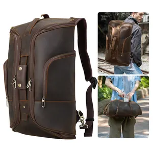 Bolsas de equipaje de viaje de fin de semana, morral de cuero genuino marrón, venta al por mayor, novedad