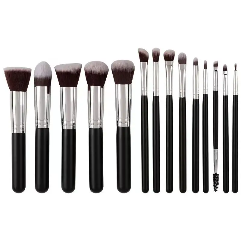 Venta al por mayor 15 piezas pelo sintético negro y plateado Kabuki cepillo de maquillaje personalizado vegano Etiqueta Privada juego de brochas de maquillaje con bolsa