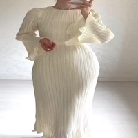 Vêtements Féminins Européens et Américains Automne 2025 Nouvelle Jupe Longue Plissée Manches Trompette Mi-Longue Abaya Élégante