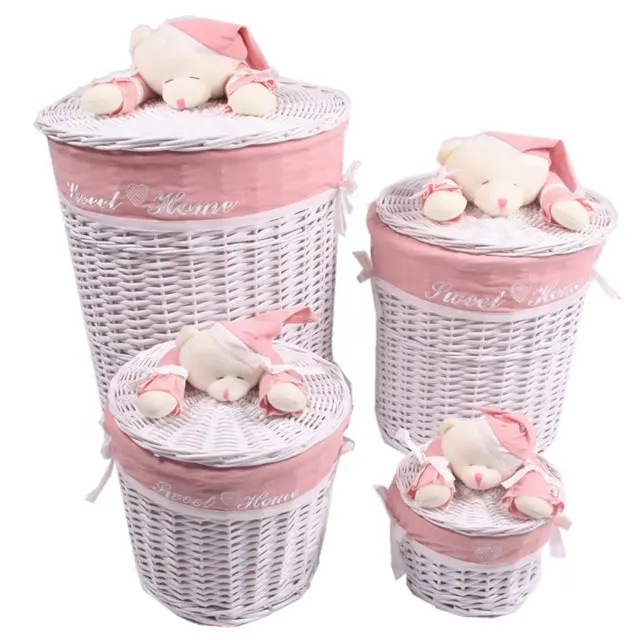 cheap large round lidded houseware wicker laundry baskets with toy animal handle set of 4