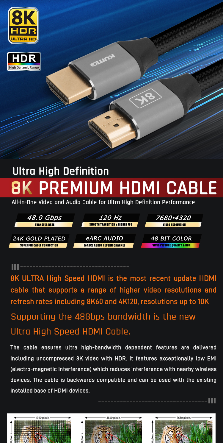 High Quality Customized 1M 1.5M 2M 3M 5M CE UL Certified 48Gbps Gold HDMI Cable vw-1