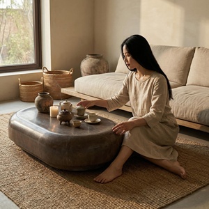 Mesa de Té Pequeña de una Sola Pieza de Mármol Natural Gris Chocolate con Acabado Desgastado Estilo Wabi-Sabi para Villa y Sala de Exposiciones - Product Image 2