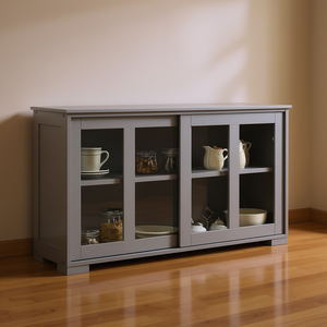 Gray <b>Kitchen</b> Storage Cabinet With Sliding Glass Doors Modern <b>Sideboard</b> Buffet Cupboard - Product Image 2