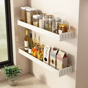 Wall Mounted Metal Spice Rack <b>With</b> <b>Hooks</b> And Hanging Rod White Rectangle Storage Holder For Kitchen <b>Shelves</b> - Product Image 1