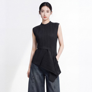 PY 2026 Lightweight Breathable Miyake Pleated <b>Asymmetrical</b> Sleeveless Tank <b>Tops</b> Summer 100% Polyester Quick Dry Women Bulk - Product Image 3
