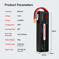 Viwipow 850mAh 14.8V LiPo Drone Cell 60C Tingkat Pengosongan Tinggi Baterai Li-Po Isi Ulang untuk Drone Balap FPV Mini