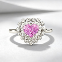 Bague de luxe en argent sterling avec zircon rose en forme de cœur, double halo de zircon cubique, bague fine