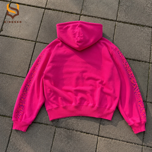 Clothing Manufacturers Custom Rhinestone Hoodie Street Wear Screen Print Hoodie 100% Cotton Heavyweight Zip up Hoodie - Product Image 2