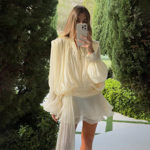 SHENZHU 2026 Spring New Women's Vintage Casual Summer Neck <b>Lantern</b> Long Sleeve Knotted Pleated Waist Slim Fit Fabric - Product Image 1