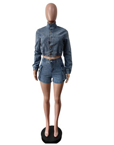 Viviblook Z915ST07 Nuevo traje de mezclilla elástico Botón Delgado Chaqueta de manga larga Pantalones cortos 2 piezas Conjunto de talla grande para mujer - Product Image 4