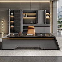 Escritorio Ejecutivo en Forma de L en Nogal Oscuro con Iluminación LED de Nivel Superior para Gerente General o Presidente, Muebles Modernos de Alta Gama y Lujo