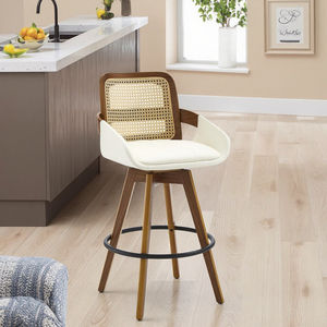 Modern 360 Swivel Rattan <strong>Back</strong> Bar <strong>Stool</strong> <strong>with</strong> Upholstered Seat and Bentwood Frame for Kitchen Counter Height - Product Image 3