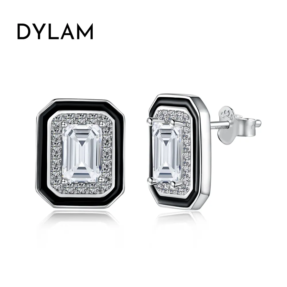 Dylam高品質925スターリングシルバーロジウムメッキエメラルドカットモアッサナイトダイヤモンド長方形エナメル5Aジルコニアスタッドピアス