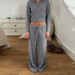 <span class=keywords><strong>Pantaloni</strong></span> a gamba larga a costine a vita alta in maglia da donna Z-2378, autunno inverno, con coulisse, casual, larghi, <span class=keywords><strong>bianchi</strong></span>, <span class=keywords><strong>grigi</strong></span>, lunghi <span class=keywords><strong>e</strong></span> fluidi - Product Image 4