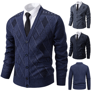 Cardigan en tricot pour homme avec logo personnalisé, vêtements d'automne à carreaux, veste classique, boutons, col en V, <span class=keywords><strong>pull</strong></span> en polaire - Product Image 1