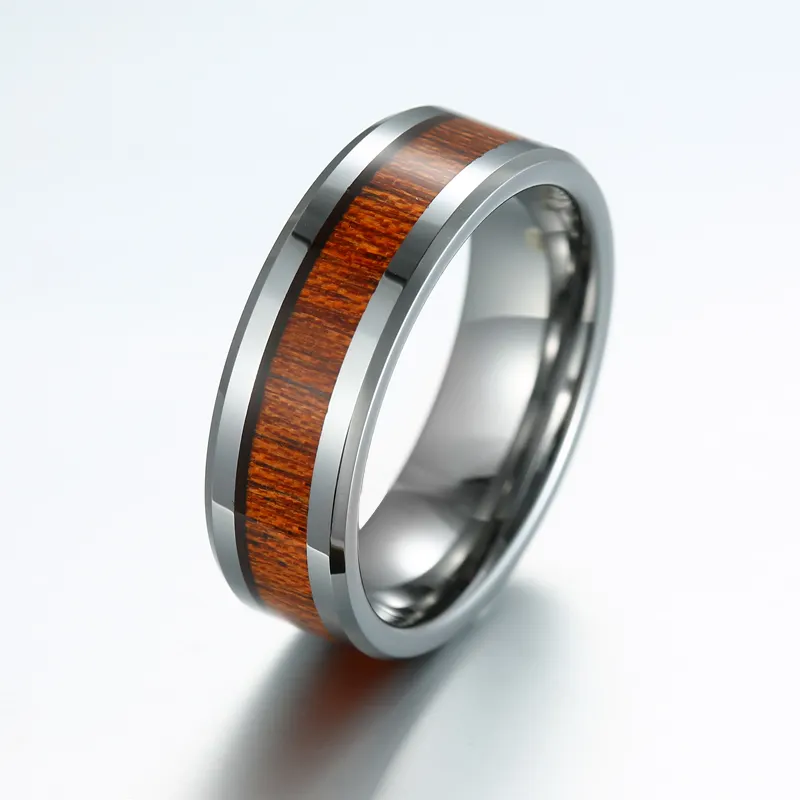 8mm गुंबददार आईपी मढ़वाया Mens शादी का बैंड जड़ना लकड़ी टंगस्टन कार्बाइड की अंगूठी