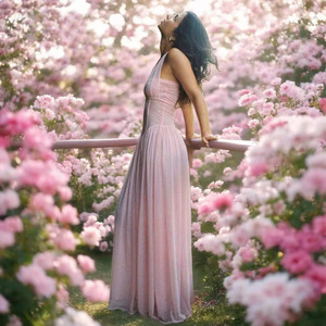 Vestido de noche elegante para mujer, con cuello en V, espalda descubierta, cintura ajustada, color rosa sólido, de poliéster. - Product Image 3