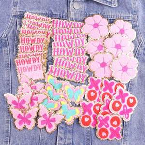 Patchs thermocollants personnalisés pour casquettes de camionneur, broderie en chenille à paillettes, motifs Howdy Cowgirl Western Fleur Papillon, pour vêtements - Product Image 1