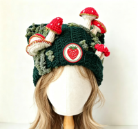 Bonnet en tricot noir personnalisé style Fairycore avec oreilles de chat, champignons et mousse en crochet 3D, design Lee, vente en gros
