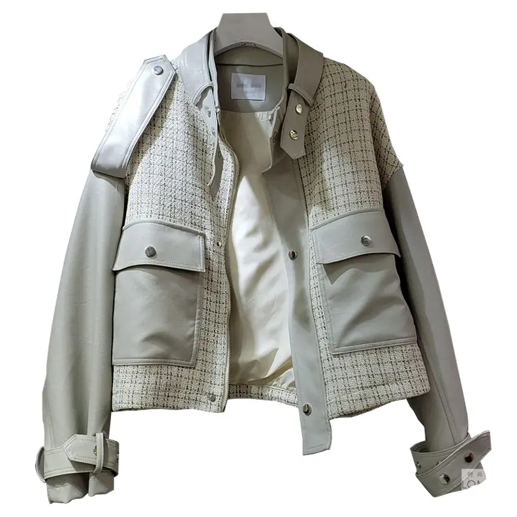 Ladies Spring Drop Shoulder thick coat mixed splicing Patch pocket Tweed Checks Faux Leather Jacket For women