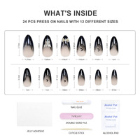 Faux ongles en gel souple noirs à pointe française Halloween, forme amande/stiletto moyenne, design dégradé noir, ongles à coller, style gothique