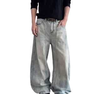 Pantalones Vaqueros de Mezclilla Lavada para Hombre, Estilo Americano, Corte Recto, Retro, Azul Claro, Desgastados, de Pierna Ancha, Cintura Media, para Invierno - Product Image 1