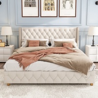 Lit rembourré en lin beige 160*200 CM, lit de chambre moderne avec cadre métallique, tête de lit en treillis, rangement et capitonnage, pieds métalliques