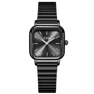 Reloj Cuadrado Negro para Mujer, Correa de Acero Inoxidable, Esfera Plateada con Diseño de Rayos de Sol, Elegante Reloj de Pulsera de Cuarzo - Product Image 1