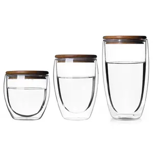 价格便宜的手工绝缘双壁玻璃意式浓缩咖啡杯带竹盖的杯子