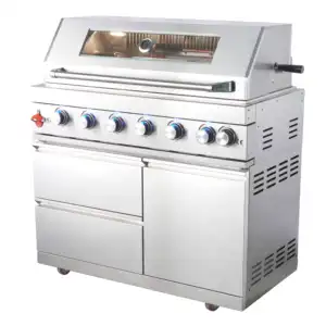 Stainless Steel 6 Burner Grill with Electric Rotisserie Forks and Storage Cabinet