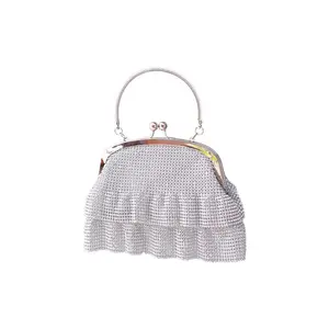 Top Handle Handbag Evening Purse Crossbody Shoulder Bag with Chain Strap, Women Vintage Kiss Lock Mesh Clutch for Party