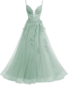 S0387L New Fashion Spaghetti träger Tüll Lange Applique Spitze Glitter Prom Party kleid Maxi Abendkleid - Product Image 5