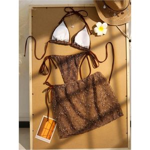 FOXA Women's 3 Piece <b>Sequin</b> Crochet <b>Bikini</b> Set Halter Top With Cover Up Skirt Stretch Swimwear Beachwear - Product Image 4