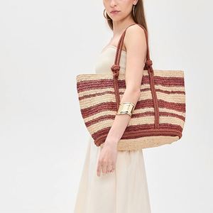 กระเป๋าถือชายหาดลายทางสำหรับผู้หญิงไซส์ใหญ่ ฤดูร้อน/ฤดูหนาว/ฤดูใบไม้ผลิ  กระเป๋าสะพายไหล่แบบถัก  แบบเปิดปิด  พกพาสะดวก สำหรับเดินทางและช้อปปิ้ง - Product Image 2