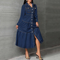 Robes en jean grande taille Y218620 de haute qualité pour femme – Élégantes, décontractées, à manches longues et boutonnées