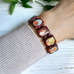 Gelang orang kudus, gelang Kristen Katolik, gelang elastis manik-manik kayu religius dengan ikon