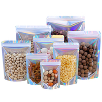 Sacs en Mylar holographiques personnalisés, résistants aux enfants, étanches à l'humidité, pour emballage alimentaire, pochettes verticales avec fenêtre pour aliments pour animaux et lait