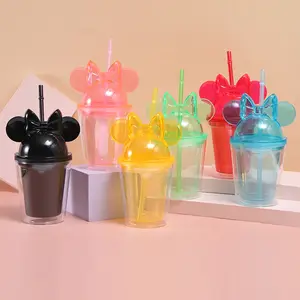 Hot Selling 350ml 450ml 650ml AS Plastic Clear Transparent Girl Double Wall Mouse Ear Lid Straw Tumbler Mugs With Straw And Lid