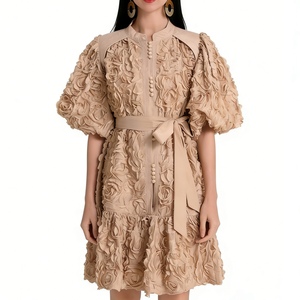 เดรสยาวปานกลางประดับดอกกุหลาบ 3 มิติสำหรับผู้หญิง - เดรสออกงานทรงพองแขนยาวพร้อมเข็มขัด แฟชั่น - Product Image 1