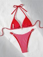 Ensemble bikini femme 2 pièces à carreaux coupe haute avec nœud et bretelles spaghetti, maillot de bain d'été, vente en gros, logo personnalisé