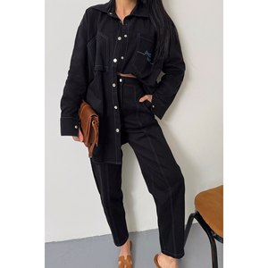 ชุดเสื้อเชิ้ตเดนิมสีน้ำเงินและกางเกงขายาวสำหรับผู้หญิง - Product Image 6