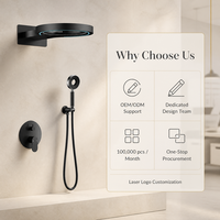 Ensemble de douche mural encastré de luxe en laiton noir mat avec LED, fonction pluie, barre coulissante pour douchette à main et idéal pour projets hôteliers