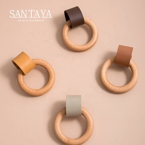 Poignées rondes en bois massif Santaya pour armoires de cuisine, boutons de tiroir de chambre à coucher, poignées de meubles en cuir - Product Image 3
