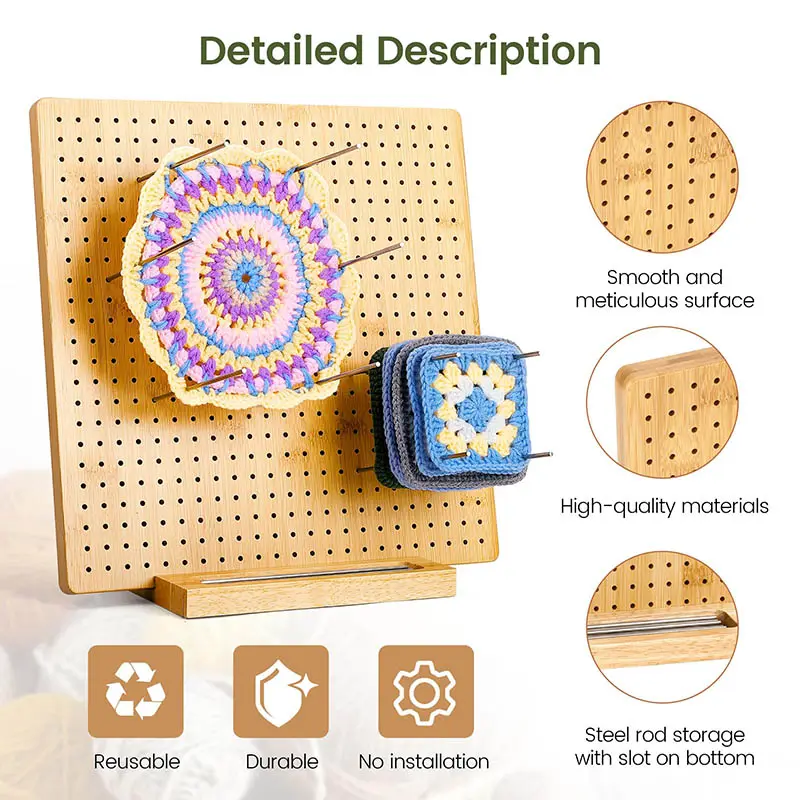 20 पिन 20 सिलाई मार्कर के साथ क्रोकेट बुनाई के लिए बेस स्क्वायर बोर्ड के साथ बांस क्रोकेट ब्लॉकिंग बोर्ड
